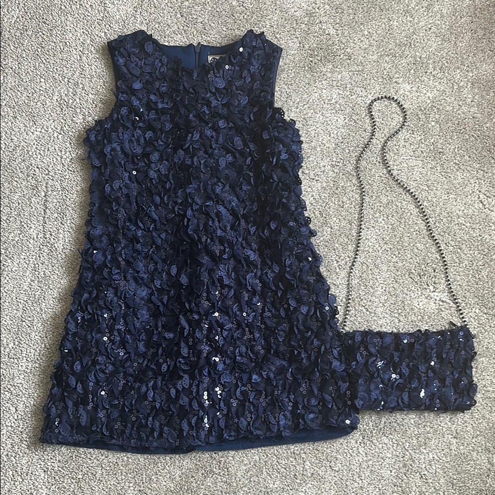 Elegant Navy Blue Kids Dress with Matching Purse girls size 6 (6/8)